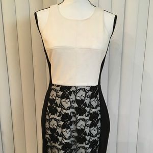 Bailey 44 Black and white sleeveless mini dress ,front leather and lace